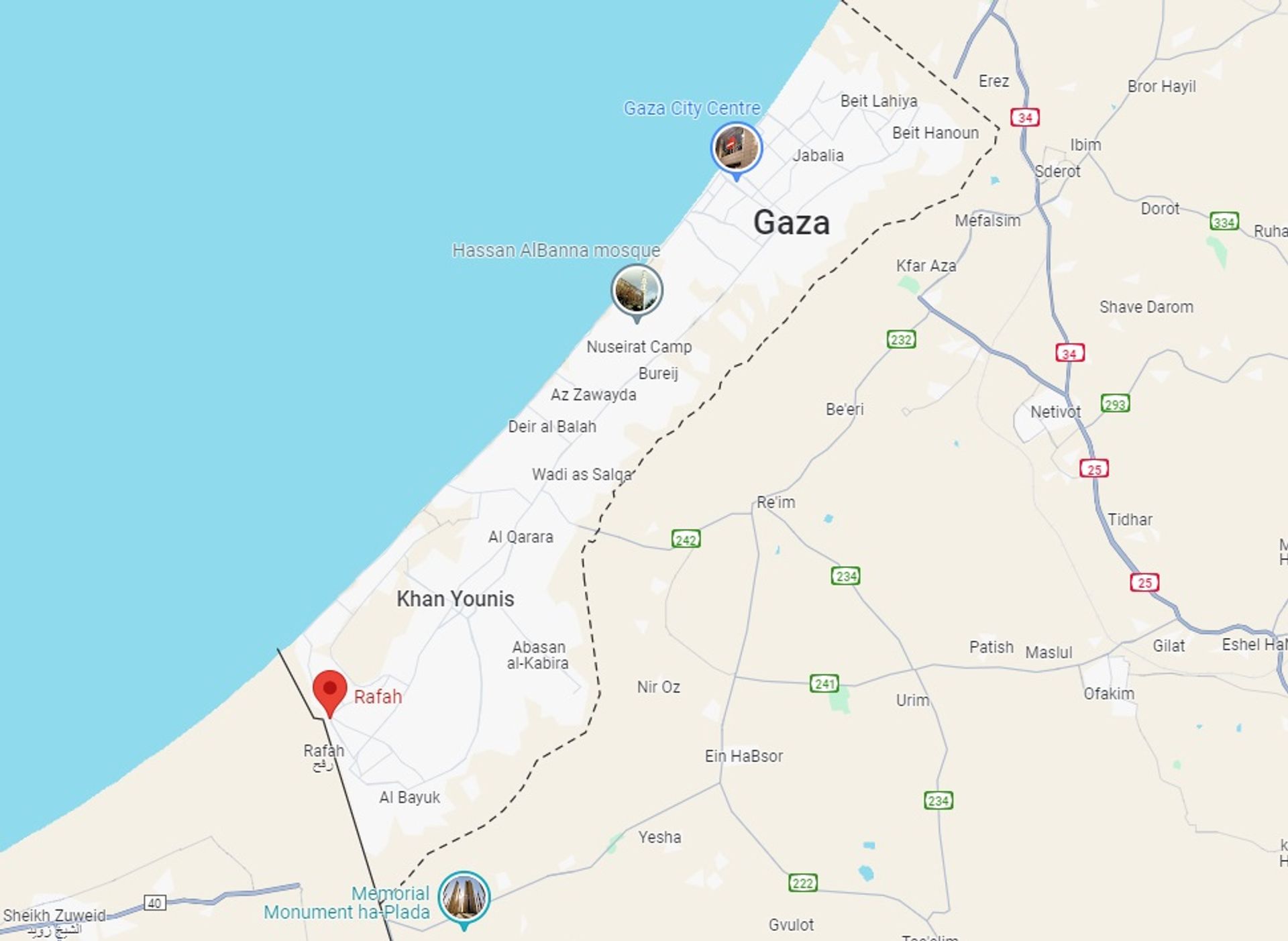 De Gazastrook, met helemaal in het zuiden Rafah